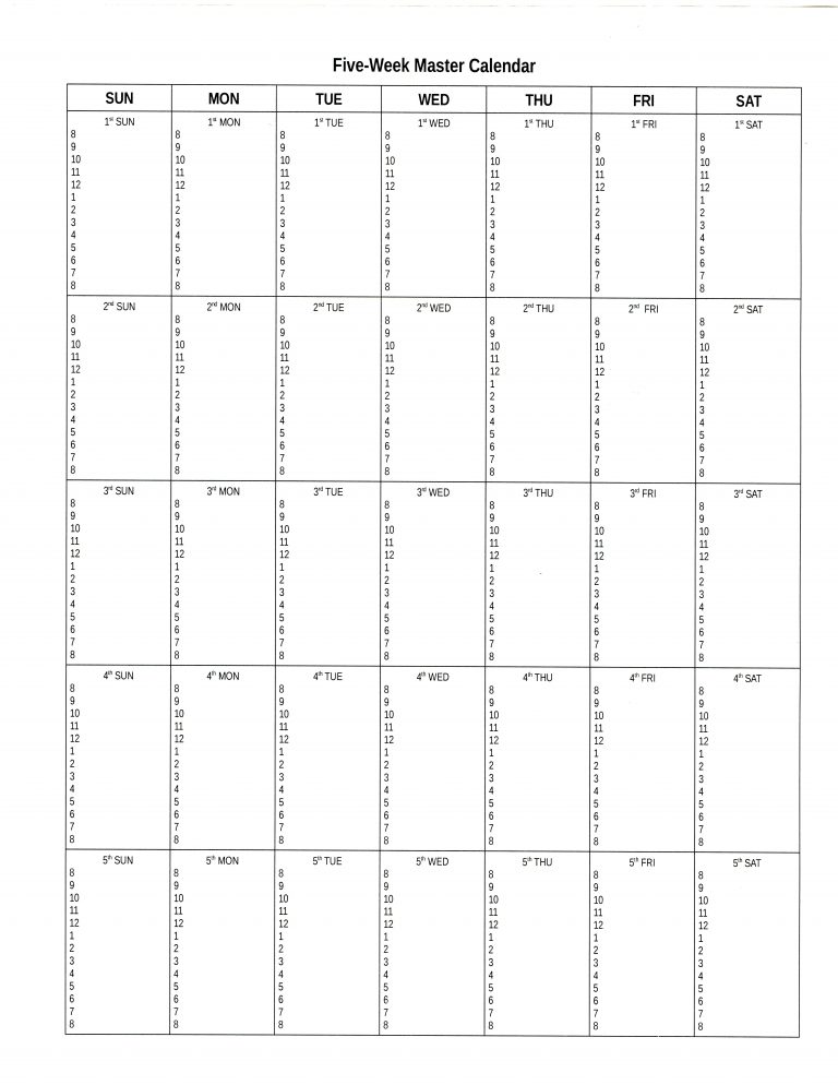 Five Week Master Calendar – Nursing Home Ministry Resources